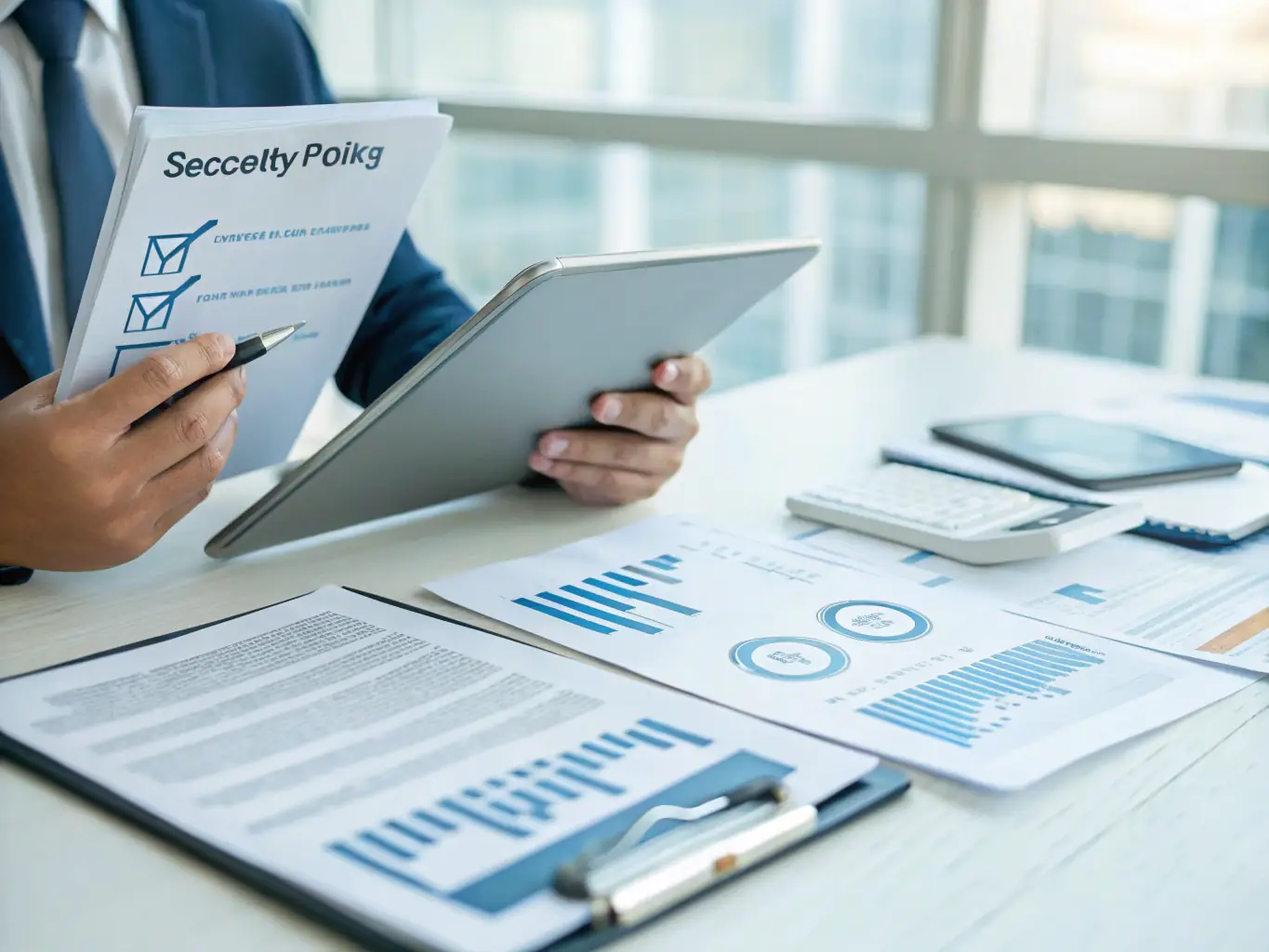 An IT compliance officer reviewing regulatory documents and checklists, ensuring adherence to industry standards and regulations.