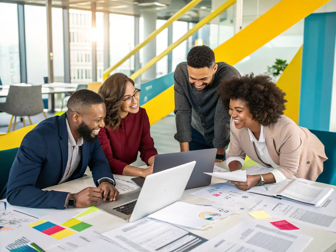 A diverse team of IT consultants collaborating on ERP system configuration in a modern office setting, emphasizing teamwork and expertise.