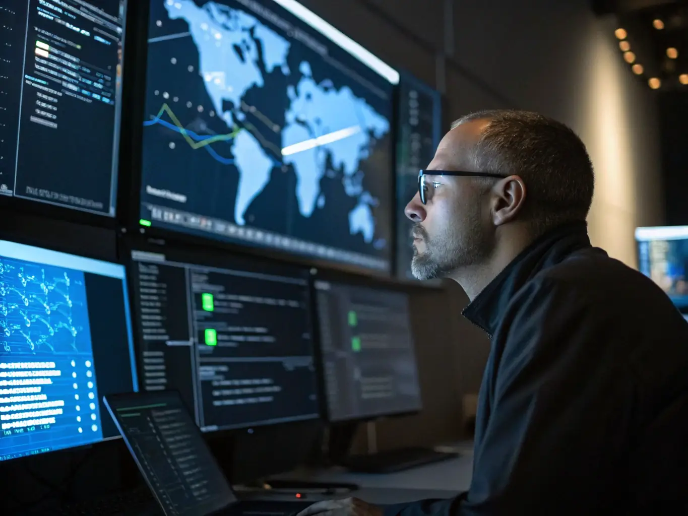 A cybersecurity expert monitoring a network security dashboard, illustrating Canaveral Associates' secure IT support services for the aerospace and defense industry.