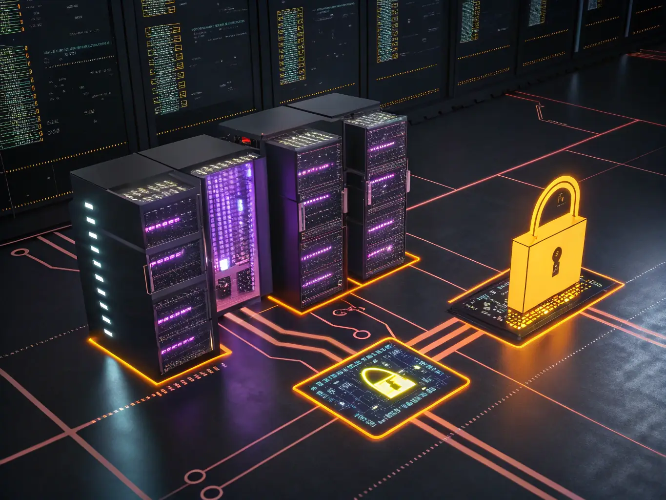A secure data center with servers and networking equipment, representing Canaveral Associates' secure cloud hosting solutions for the aerospace and defense industry.